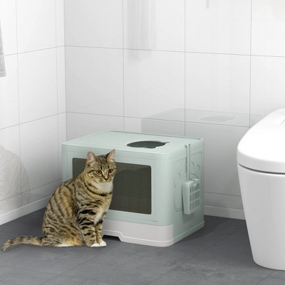 Green Enclosed Cat Litter Box with Top Exit and Scoop