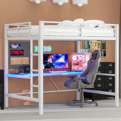 TIRAMISUBEST Twin Size Gaming Metal Loft Bed Frame with LED Light and Desk
