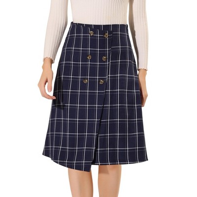 Allegra K Women's Tartan Plaid High Waist Belted Vintage A-Line Midi Skirt  Dark Blue X-Small