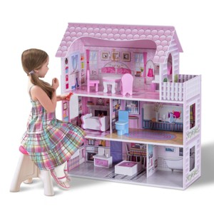 Costway 28'' Pink Dollhouse w/ Furniture and Play Accessories  for Girls - 1 of 4