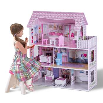 Costway 28'' Pink Dollhouse w/ Furniture and Play Accessories  for Girls