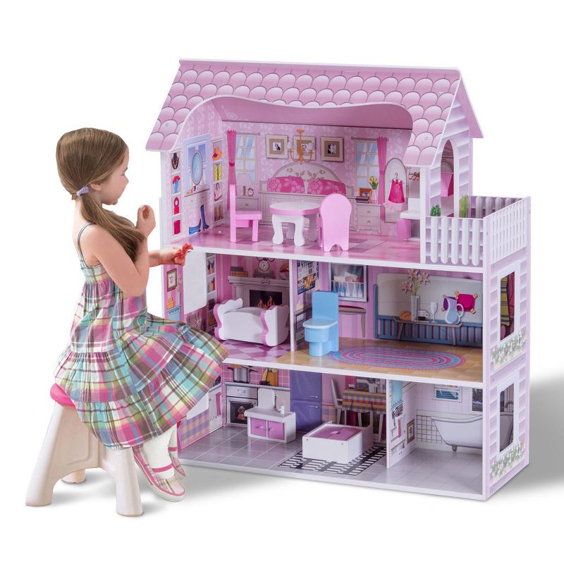 Costway 28'' Pink Dollhouse w/ Furniture and Play Accessories  for Girls, 1 of 11