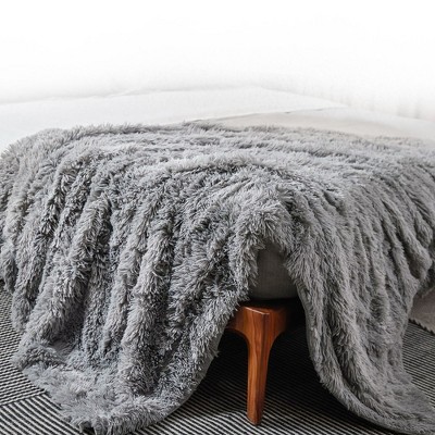 Silver Reversible Faux Fur and Fleece Throw Blanket 60" x 70"