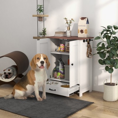 White Elevated Dog Feeding Station with Storage Cabinet