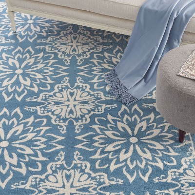 Elegant Ivory & Blue Floral Viscose 7'10" x 9'10" Area Rug