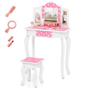 Infans Kids Vanity Table & Stool Set w/ Cute Polka Dot Print Tri-folding Mirror Drawer - 1 of 4
