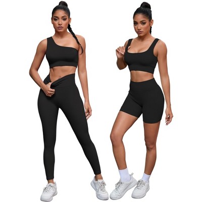 INSPIRE CHIC Women's Exercise Outfits Scoop Neck One Shoulder High Waist Gyms Body Shapers 4 Pieces Workout Set