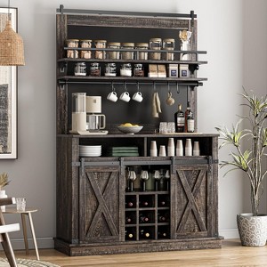75" Tall Coffee Hutch Cabinet Large Kitchens Storage Pantry Cabinets White Coffee Bar Cabinet Cupboard with Sliding Barn Door - 1 of 4