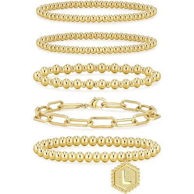 adoyi Gold Bracelets for Women Waterproof, 14K Gold Plated Beaded Strand Bead Ball Bracelets stack
