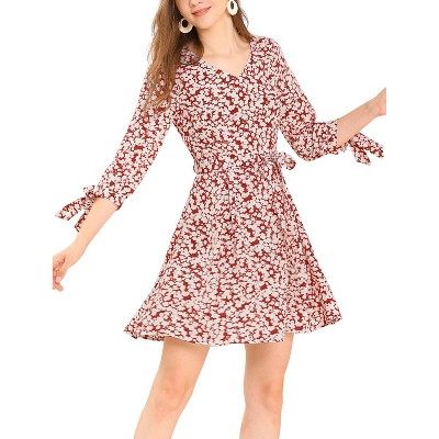 INSPIRE CHIC Women's Floral Printed Bow Tie 3/4 Sleeve Above Knee Elegant V Neck Dress