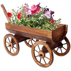 Wooden Wagon Planter Box, Outdoor Garden Flower Planter Pot Stand with 4 Wheels,Rolling Flower Cart with Handle for Patio Balcony Lawns Backyard Decor - 1 of 4