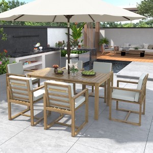 7pcs Patio Wood Dining Set, Outdoor Conversation Sets, Dining Table and Chair Set with Cushions for Backyard, Garden -Frevyn - 1 of 4