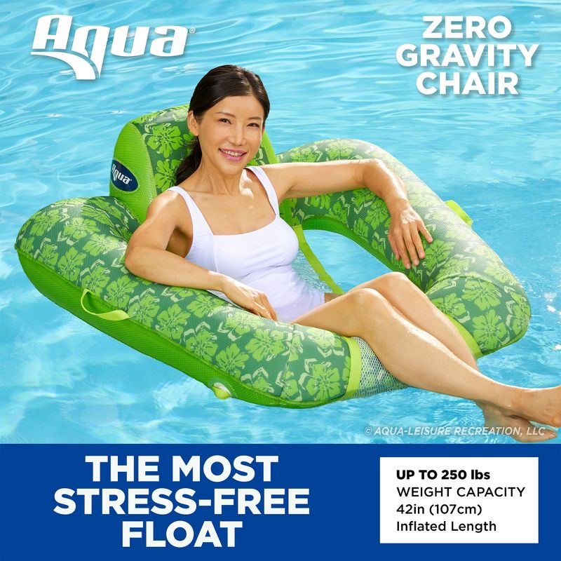 Aqua Leisure Zero Gravity Comfortable Hammock Style Inflatable Swimming Pool Chair Lounge Float w/ Leg and Arm Rests, Floral Trip Lime Green, 2 Pack, 3 of 7