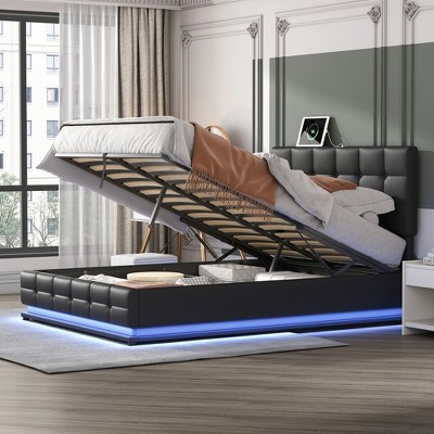 Queen Size PU Tufted Upholstered Platform Bed with Hydraulic Storage System, LED Lights and USB charger-ModernLuxe