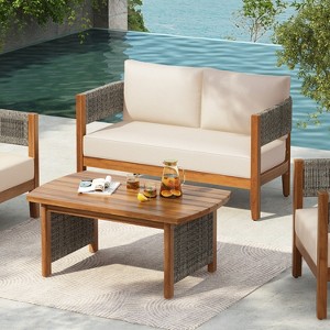 Christopher Knight Home Jett Patio Rustic Rope Weave Acacia Wood Loveseat and Coffee Table with Cushions - 1 of 4