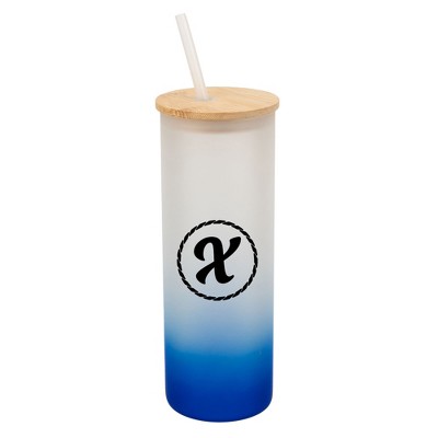 Elanze Designs X Monogram Letter Initial Rope Circle Wrap-Around Design 25 Ounce Frosted Gradient Glass On-The-Go Coffee Travel Skinny Tumbler Mug