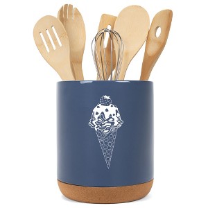 Elanze Designs 8 inch Ice Cream Waffle Cone Large Ceramic Kitchen Utensil Holder Navy Blue and White Crock with Cork Base - 1 of 4