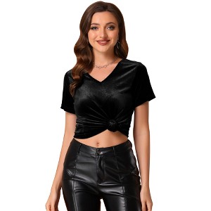 Allegra K Women's Baisc V Neck Velvet Short Sleeve T-Shirt - 1 of 4