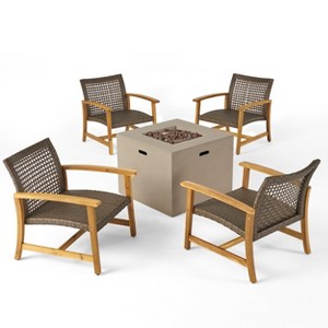 Christopher Knight Home Augusta Outdoor Acacia Wood and Wicker 5 Piece Club Chair and Fire Pit Set - 1 of 4