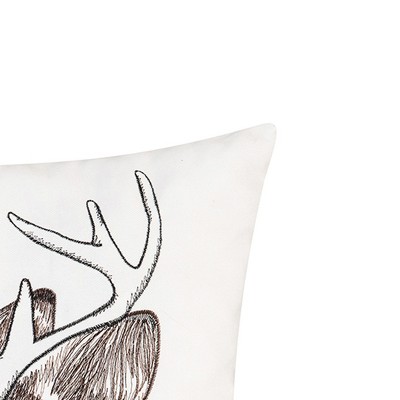 White and Brown Embroidered Deer Portrait Square Pillow