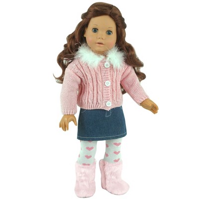 Sophia’s 3 Piece Feather Trim Sweater Outfit Set for 18'' Dolls, Pink
