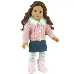 Sophia's - 18" Doll - Fur Trim Chenille Sweater, Denim Skirt, Heart Tights - Blue/Pink (copy)
