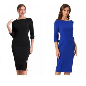 INSPIRE CHIC Women's Elegant Boat Neck 3/4 Sleeves Work Midi Split Sheath Dress 2 Packs - 1 of 4
