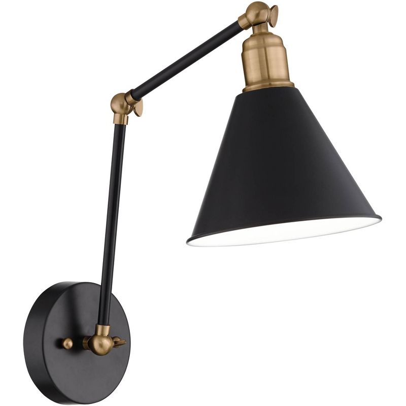 360 Lighting Wray Modern Industrial Wall Lamp Black Brass Hardwire 6" Light Fixture Adjustable Cone Shade for Bedroom Bathroom Reading Living Room, 1 of 10