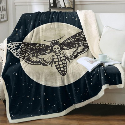 Boersma Gothic Moth Throw Blanket - Skull & Black Galaxy Star Print, Halloween Decor, Twin Size 60x80 Inches