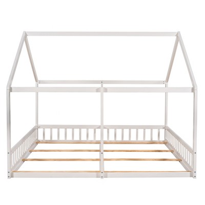 Gulches Twin Size 2-in-1 House Platform Beds - Shared Design, Guardrails, Pine Wood & MDF, White