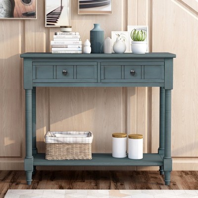 Console Tables, Farmhouse Entryway Table With 2 Drawers, Bottom Shelf, Solid Wood Frame And Legs,abstract,retro blue,35.43in,2.95ft