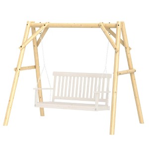 Resenkos 3-Seat Wooden Swing Stand, Patio Swing With Tables, Outdoor Swing for Garden, Pool, Yard, - 1 of 4
