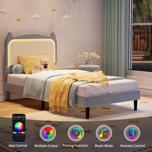 Bed Frame with LED Lights & Cat Headboard, Velvet Upholstered Platform Bed, No Box Spring Needed, App/Remote Control - 1 of 4