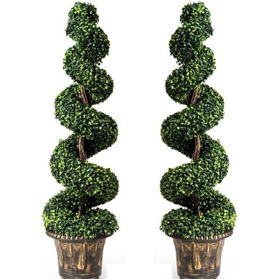 Tangkula 2 Pack Artificial Boxwood Spiral Tree 4-Ft Fake Greenery Plants with Plastic Flower Pot for Home Office Decoration