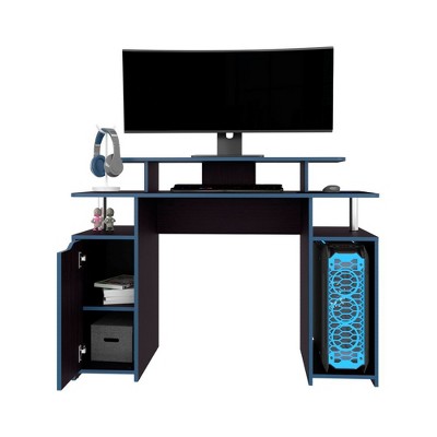 Vynxaria Gaming & Office Desk - Black, Large Multi-Monitor Tabletop, Ergonomic Screen Height, Closed Cabinet, Open Shelving, CPU Stand