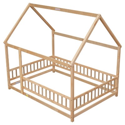 DOMETOUR Full Size Floor Wooden Bed with House Roof Frame, Fence Guardrails ,Nartural(Old SKU:W504105242)
