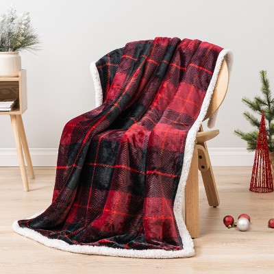 Red and Black Plaid Reversible Sherpa Fleece Throw Blanket