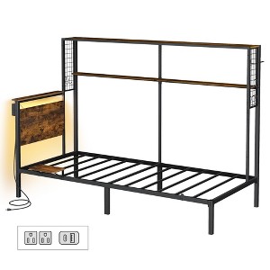 Twin Metal Bed Frame with Headboard, Built-in Bookshelf, LED Lights & Charging Station, Multifunctional Storage Design, No Box Spring Needed - 1 of 4