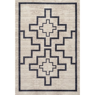 Ivory and Dark Gray Geometric Synthetic 2x8 Runner Rug