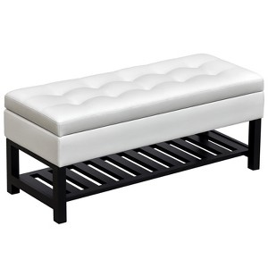 44" Tufted Faux Leather Ottoman Storage Bench With Shoe Rack - 1 of 4