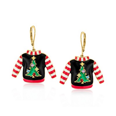 Ross-Simons 0.35 ct. t.w. Multi-Gemstone and Multicolored Enamel Christmas Tree Sweater Drop Earrings in 18kt Gold Over Sterling