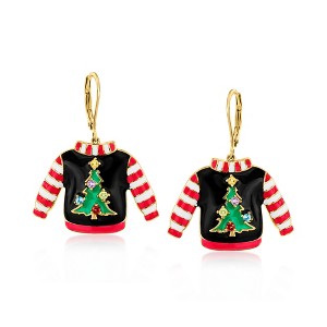 Ross-Simons 0.35 ct. t.w. Multi-Gemstone and Multicolored Enamel Christmas Tree Sweater Drop Earrings in 18kt Gold Over Sterling - 1 of 3