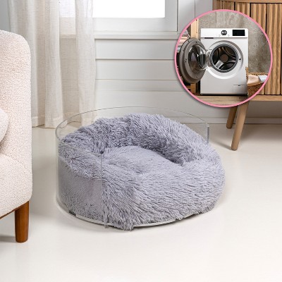 Light Gray Clear Acrylic Elevated Plush Pet Bed for Large Breeds