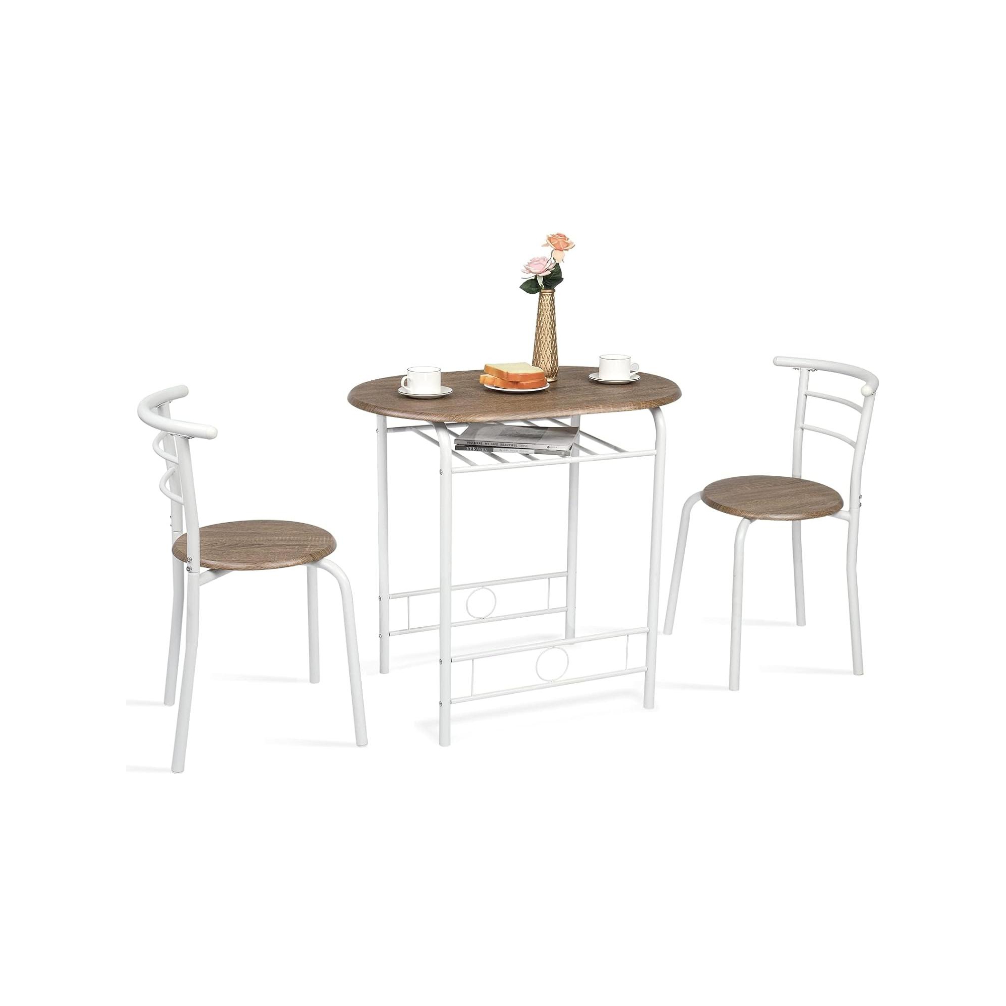 VINGLI 3 Piece Dining Set for 2,Kitchen Wooden Table and 2 Chairs for Small Space,Metal Frame,Wine Rack,White&Warm Oak