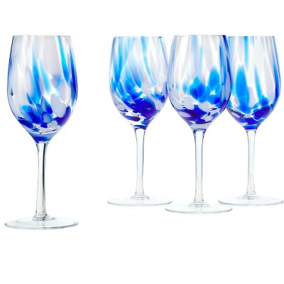 Fifth Avenue Medallion Stemless Wine Crystal Glass Set of 6, 17 oz, Various  Etched Patterns, Texture Goblet Cups, Glasses for Wine, Translucent Blue