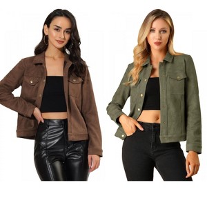 INSPIRE CHIC Women's Turn-Down Collar Flap Pockets Snap Button Faux Suede Jacket 2 Packs - 1 of 4