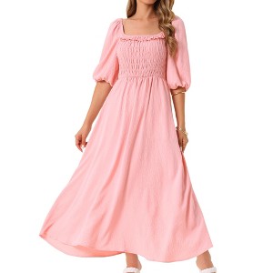 INSPIRE CHIC Women's Summer Casual Puff Half Sleeve Square Neck Smocked Flowy with Pockets Maxi Dress - 1 of 4