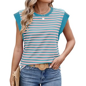 Clearlove Womens Tops Summer Cap Sleeve Pullover Crew Neck Tank Tops Basic Tee Shirts Casual Striped Loose Fit Clothes - 1 of 4