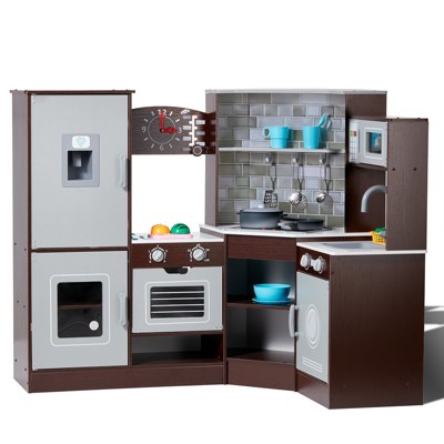 Corner Wooden Play Kitchen with Interactive Sounds & Lights, Brown