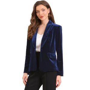 INSPIRE CHIC Women's Velvet Shawl Collared Long Sleeve Button Down with Pockets Business Blazer - 1 of 4